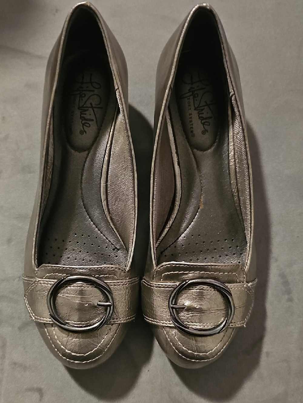 Life Stride Metallic Taupe Round-Buckle Flats